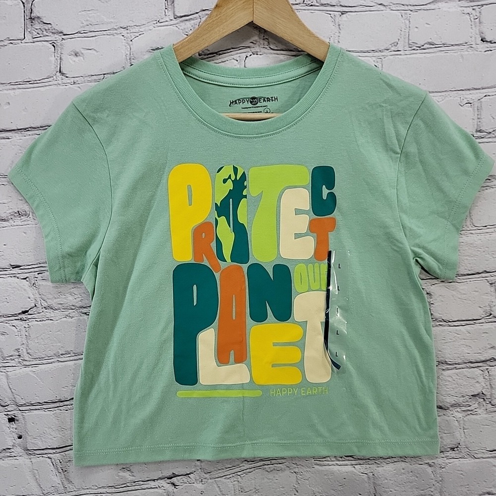 Happy Earth "Protect Our Planet" Women's Sz L Large Crop Top Jade T-Shirt